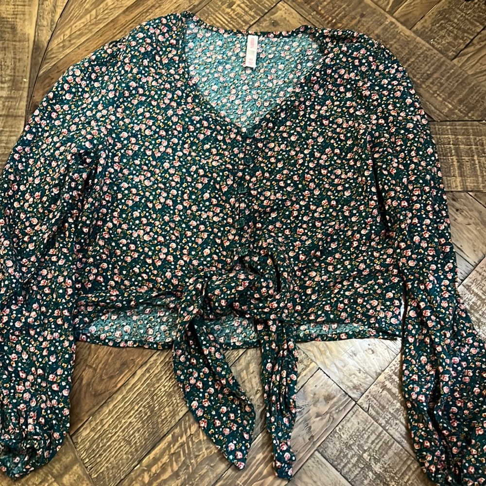 Xhilaration Long Sleeve Button Up Crop Top with Tie Detail